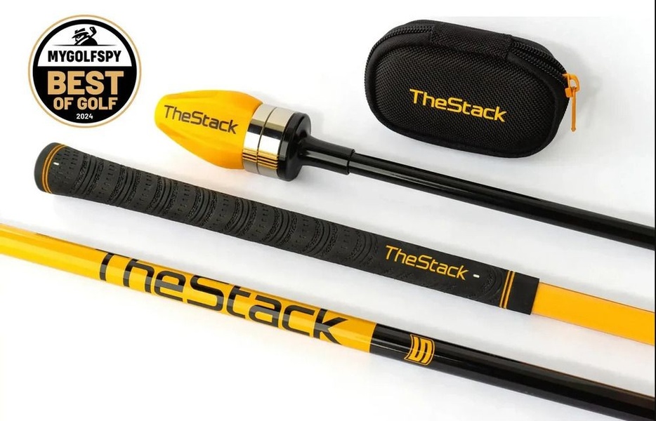 A high-resolution, studio-lit display of the golf training aid featuring its components, carrying case, and industry award seal.